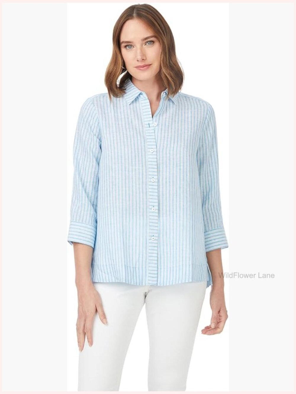 3/4 Sleeve Summer Stripe Blouse Linen Button-Down Shirt Casual Fit